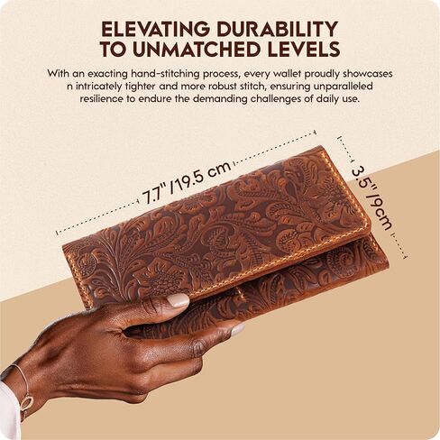 محافظ Toros Craft الغربية المصنوعة يدويًا للنساء، جلد أصلي مزخرف وحامل بطاقات ائتمان طويل، حافظة هاتف خلوي رفيعة من جلد البقر، سعة كبيرة، حقيبة يد لطيفة ومحفظة وحقيبة يد in Kuwait