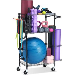 Yoga Mat Storage Rack, Home Gym Workout Equipment Storage Rack, Cart for Organizing Workout Room, Organizer Yoga Equipment Dumbbell Kettlebells Home Gym Storage Rack with Hooks and Wheels in Kuwait