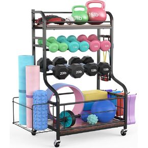 NUDUKO Weight Rack for Dumbbells, All in One Home Gym Storage Rack for Yoga Mat Dumbbells and Kettlebells Holder, 4 Tier Heavy Duty Metal Workout Gym Equipment Storage Organizer with Wheels and Hooks
