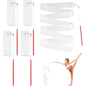 Grevosea Gymnastics Dance Ribbons, 4 Pieces Dancing Ribbon Streamers with 30cm Wand White Rhythmic Gymnastics Ribbon Gymnastics Equipment for Kids Talent Shows Artistic Dancing (78.74inch)