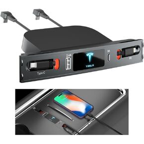Cewpuno Tesla USB Hub لعام 2021 2022 2023 Tesla Model 3 Model Y، محطة إرساء محور قابلة للسحب مع كابل شحن سريع متعدد المنافذ، محطة إرساء ملحقات Tesla من وحدة التحكم المركزية للطراز 3/Y