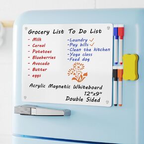 Magnetic Whiteboard Fridge Dry Erase Board, Acrylic Stain Resistant Glossy White Board for Refrigerator, 12"x9" Small Double Sided Notepad Memo to Do/Grocery List, Include 1 Eraser, 4 Markers