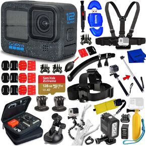 GoPro HERO12 Black CHDHX-121-CN - مجموعة ملحقات مكونة من 20 قطعة تشتمل على: ذاكرة MicroSD سعة 128 جيجابايت، وإضاءة LED، وحقيبة حمل، وحزام للرأس والصدر، ومونوبود، وحامل ثلاثي القوائم، وحامل ذراع للخوذة والمزيد in Kuwait