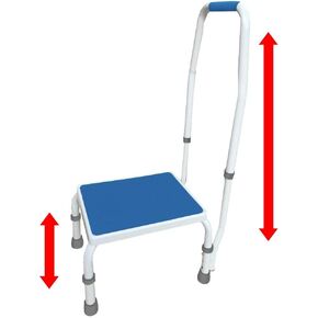 AdjustaStep(tm) مقعد فاخر/مسند قدم مع مقبض/درابزين، ارتفاع قابل للتعديل. منتجان في 1. تصميم حديث باللون الأبيض/الأزرق. مقبض مبطن غير قابل للانزلاق. سعة 300 رطل