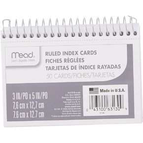 Mead Index Cards, Spiral, Ruled, 3" x 5", White, Blank Back, 50 Cards per Pack, 2 Pack (63130)