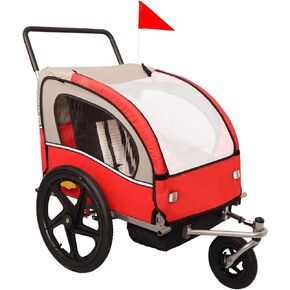 2 Seat Kids Bike Trailer & Stroller, 2-in-1 Child Bike Trailer and Stroller for 2 Kids, Foldable w/Front Jogger Wheel, Multisport Trailer with Converts to Jogging Stroller, Dog Ca