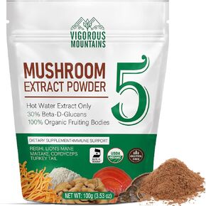 Organic Mushroom Extract Powder Supplement Blend - Lions Mane Turkey Tail Cordyceps Reishi Maitake Mushroom Complex for Health Benefits- Soluble to Everyday Dose Coffee/Tea /Cooking, 50 Servings