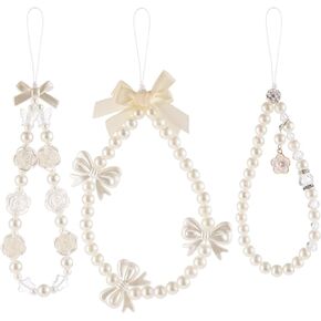 Mabor Pearl Phone Strap, 3Pcs Cute Butterfly Bow Phone Charm, Beaded Phone Bracelet Strap for Women Bow White Pearl Phone Chain Wrist Lanyard Chain for Phone Keychain