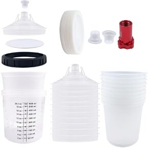 AKISEKTR Disposable Paint Sprayer Mixing Cup Liners and Lid System for HVLP Spray Gun, Car Paint Gun 20oz(600 ml) Kit with 10 Cup Liners, 10 Lids, 10 Filters, 1 Hard Cup with Retainer Ring, 2plugs in Kuwait
