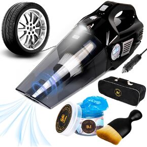 Strayt Mark 4-in-1 Portable Car Vacuum Cleaner High Power, Handheld Vacuum - Tire Inflator and Digital Tire Pressure Gauge with LED Light, Bonus Car Cleaning Gel and Brush, 12V DC, 15FT Cord