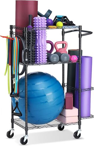 Yoga Mat Storage Rack, Home Gym Workout Equipment Storage Rack, Cart for Organizing Workout Room, Organizer Yoga Equipment Dumbbell Kettlebells Home Gym Storage Rack with Hooks and Wheels in Kuwait