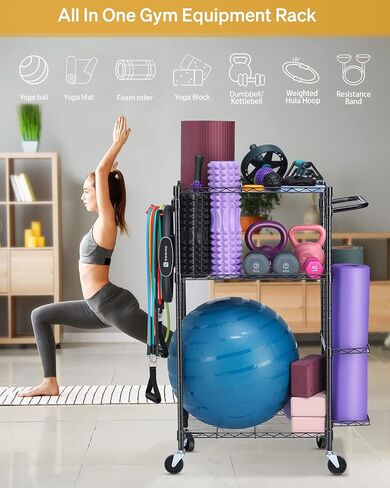 Yoga Mat Storage Rack, Home Gym Workout Equipment Storage Rack, Cart for Organizing Workout Room, Organizer Yoga Equipment Dumbbell Kettlebells Home Gym Storage Rack with Hooks and Wheels in Kuwait