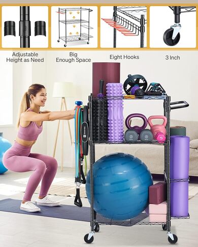 Yoga Mat Storage Rack, Home Gym Workout Equipment Storage Rack, Cart for Organizing Workout Room, Organizer Yoga Equipment Dumbbell Kettlebells Home Gym Storage Rack with Hooks and Wheels in Kuwait