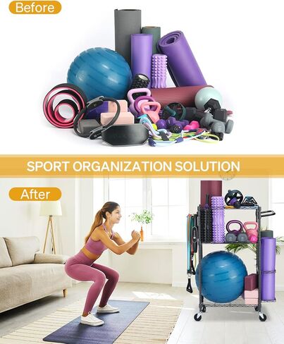 Yoga Mat Storage Rack, Home Gym Workout Equipment Storage Rack, Cart for Organizing Workout Room, Organizer Yoga Equipment Dumbbell Kettlebells Home Gym Storage Rack with Hooks and Wheels in Kuwait