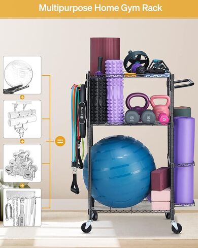 Yoga Mat Storage Rack, Home Gym Workout Equipment Storage Rack, Cart for Organizing Workout Room, Organizer Yoga Equipment Dumbbell Kettlebells Home Gym Storage Rack with Hooks and Wheels in Kuwait
