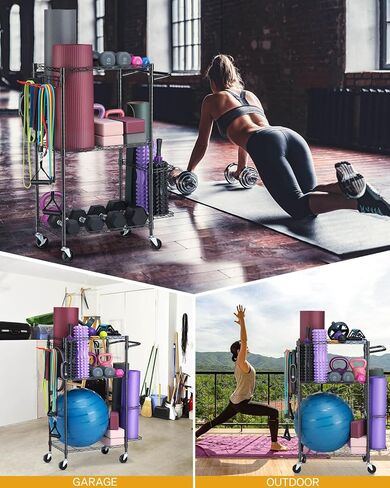 Yoga Mat Storage Rack, Home Gym Workout Equipment Storage Rack, Cart for Organizing Workout Room, Organizer Yoga Equipment Dumbbell Kettlebells Home Gym Storage Rack with Hooks and Wheels in Kuwait