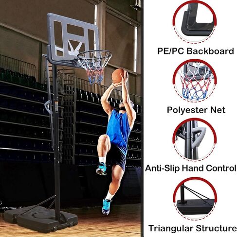 Portable Basketball Hoop with 2 Built-in Wheels, Polyester Net, Anti-Slip Hand Control, Stable & Fillable Base, 7.5 to10ft Height Adjustable, Goal System for Backyard Courts Pool, Black in Saudi Arabia