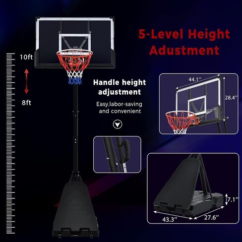 Portable Basketball Hoop with 2 Built-in Wheels, Polyester Net, Anti-Slip Hand Control, Stable & Fillable Base, 7.5 to10ft Height Adjustable, Goal System for Backyard Courts Pool, Black in Saudi Arabia