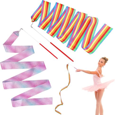 2Pcs 78.7 Inch Dance Ribbon, Sparkling Gymnastics Ribbons Rainbow Ribbon with Wand Rhythmic Ribbon Streamers for Kids Girls Adults Artistic Dancing Training in Saudi Arabia