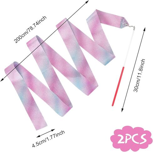 2Pcs 78.7 Inch Dance Ribbon, Sparkling Gymnastics Ribbons Rainbow Ribbon with Wand Rhythmic Ribbon Streamers for Kids Girls Adults Artistic Dancing Training in Saudi Arabia