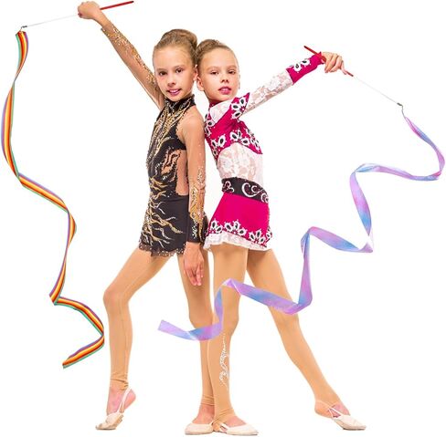 2Pcs 78.7 Inch Dance Ribbon, Sparkling Gymnastics Ribbons Rainbow Ribbon with Wand Rhythmic Ribbon Streamers for Kids Girls Adults Artistic Dancing Training in Saudi Arabia