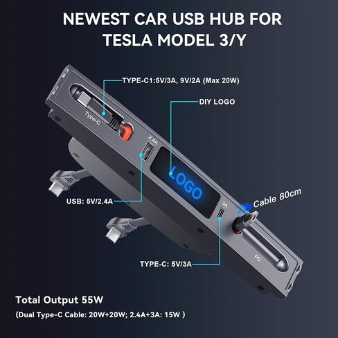 Car USB Charger for Tesla Model 3 Model Y 2021 2022 2023, Tesla USB Hub with Retractable Cable Charging Adapter for Tesla Accessories Model Y/3 100% Fit Center Console, Gifts for Tesla Owner in Saudi Arabia
