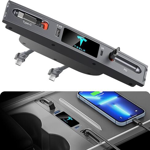Car USB Charger for Tesla Model 3 Model Y 2021 2022 2023, Tesla USB Hub with Retractable Cable Charging Adapter for Tesla Accessories Model Y/3 100% Fit Center Console, Gifts for Tesla Owner in Saudi Arabia