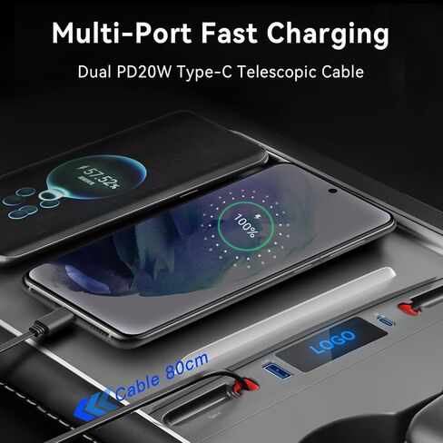 Car USB Charger for Tesla Model 3 Model Y 2021 2022 2023, Tesla USB Hub with Retractable Cable Charging Adapter for Tesla Accessories Model Y/3 100% Fit Center Console, Gifts for Tesla Owner in Saudi Arabia