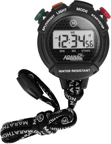 مؤقت ساعة توقيت رقمي Marathon Adanac 8000، أسود - دقة عالية تصل إلى 1/100 ثانية - يتضمن إضاءة خلفية - مقاوم للماء والغبار والصدمات - يتضمن حبل بطول 40 بوصة in Kuwait