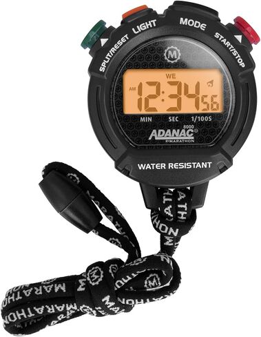 مؤقت ساعة توقيت رقمي Marathon Adanac 8000، أسود - دقة عالية تصل إلى 1/100 ثانية - يتضمن إضاءة خلفية - مقاوم للماء والغبار والصدمات - يتضمن حبل بطول 40 بوصة in Kuwait