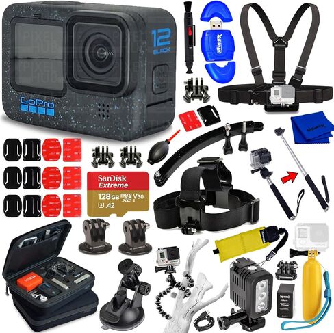 GoPro HERO12 Black CHDHX-121-CN - مجموعة ملحقات مكونة من 20 قطعة تشتمل على: ذاكرة MicroSD سعة 128 جيجابايت، وإضاءة LED، وحقيبة حمل، وحزام للرأس والصدر، ومونوبود، وحامل ثلاثي القوائم، وحامل ذراع للخوذة والمزيد in Kuwait