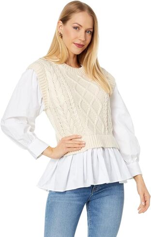 English Factory Mixed Media Cable Detail Sweater Cream/White SM in Saudi Arabia