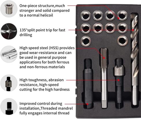 طقم إصلاح الخيوط M12X1.25، مع صنبور، كونتربور، سائق التثبيت، مثقاب HSS إدراج 15 مم، إدراج الفولاذ المقاوم للصدأ M12X1.25X15mmX10 PCS in Kuwait