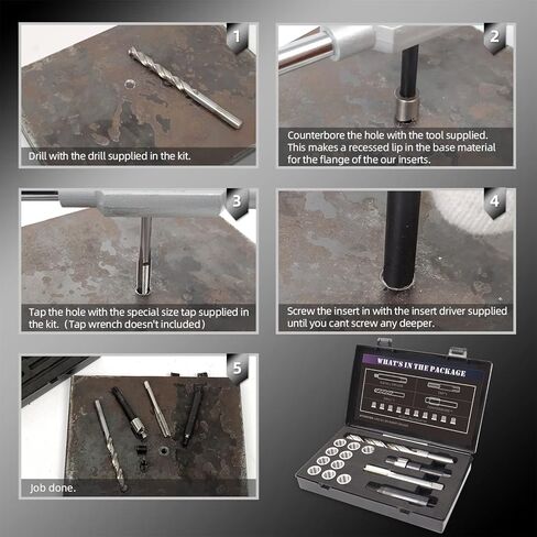 طقم إصلاح الخيوط M12X1.25، مع صنبور، كونتربور، سائق التثبيت، مثقاب HSS إدراج 15 مم، إدراج الفولاذ المقاوم للصدأ M12X1.25X15mmX10 PCS in Kuwait