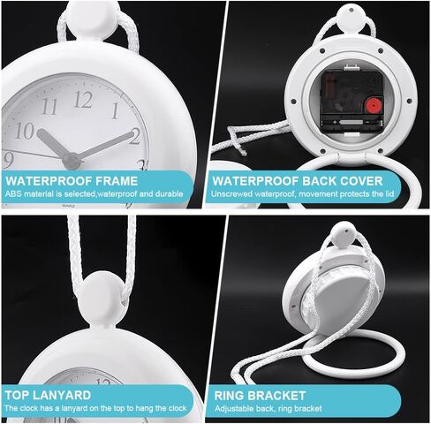 Tookie Bathroom Hanging Clock, Waterproo-f Bathroom Shower Clock Dual Purpose Wall Clock with Round Bracket Easy to Read Clock for Dormitory,Bathroom,Kithchen(White) in Saudi Arabia