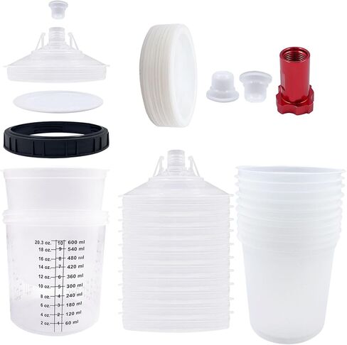 AKISEKTR Disposable Paint Sprayer Mixing Cup Liners and Lid System for HVLP Spray Gun, Car Paint Gun 20oz(600 ml) Kit with 10 Cup Liners, 10 Lids, 10 Filters, 1 Hard Cup with Retainer Ring, 2plugs in Kuwait
