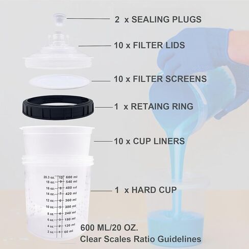 AKISEKTR Disposable Paint Sprayer Mixing Cup Liners and Lid System for HVLP Spray Gun, Car Paint Gun 20oz(600 ml) Kit with 10 Cup Liners, 10 Lids, 10 Filters, 1 Hard Cup with Retainer Ring, 2plugs in Kuwait