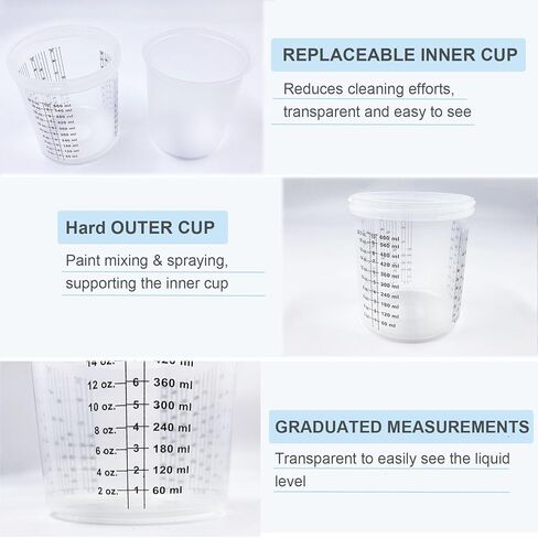 AKISEKTR Disposable Paint Sprayer Mixing Cup Liners and Lid System for HVLP Spray Gun, Car Paint Gun 20oz(600 ml) Kit with 10 Cup Liners, 10 Lids, 10 Filters, 1 Hard Cup with Retainer Ring, 2plugs in Kuwait