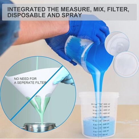 AKISEKTR Disposable Paint Sprayer Mixing Cup Liners and Lid System for HVLP Spray Gun, Car Paint Gun 20oz(600 ml) Kit with 10 Cup Liners, 10 Lids, 10 Filters, 1 Hard Cup with Retainer Ring, 2plugs in Kuwait