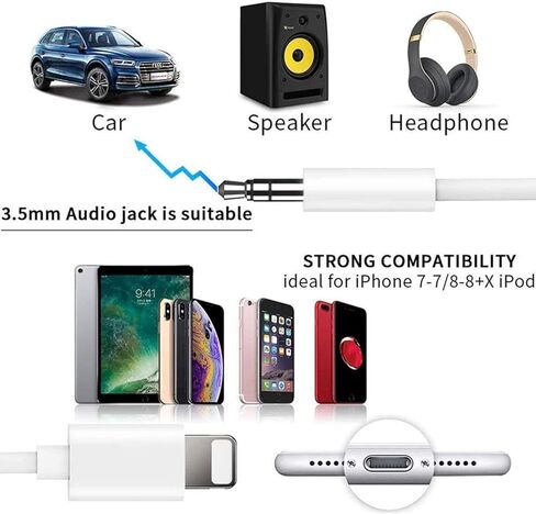 [معتمد من Apple MFi] سلك iPhone AUX لاستريو السيارة، كابل صوت AUX بطول 3.3 قدم إلى 3.5 مم متوافق مع iPhone 12/11/XS/XR/X 8 7 6 5، ستيريو منزلي/سماعات رأس، يدعم جميع أجهزة iOS... in Kuwait