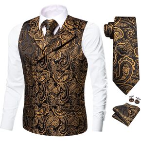 Dubulle Mens Double Breast Suit Vest Floral Paisley Vest and Tie for Men Pocket Square Cufflinks Wedding