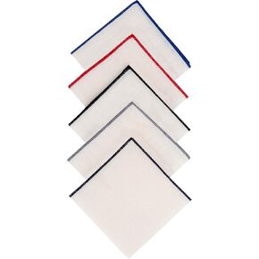Men's Linen Pocket Square Solid White with Embroidered Edge Premium Cotton Pocket Squares (Violet, Black, Umber, Red, Navy blue)