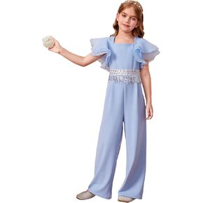 WDIRARA Girl's Square Neck Cap Sleeve Ruffle Trim Long Romper Tiered Layer Sequin Fringe Trim High Waist Jumpsuit