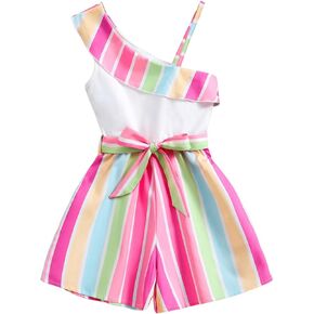 WDIRARA Girl's Stripes Print One Shoulder Mini Romper Shorts Asymmetrical Neck Sleeveless Belted Jumpsuit