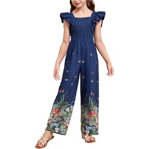 WDIRARA Girl's Floral Tropical Shirred Squared Neck Cap Sleeve High Waist Jumpsuit Pants Summer Outfits