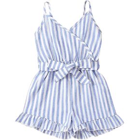 Girl's Sleeveless V Neck Striped Belted Cami Romper Ruffle Trim Wide Leg Shorts Jumpsuit