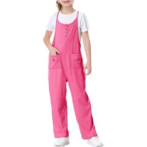 Rolanko Girls Jumpsuit Knitted Sleeveless Overalls Wide Leg Pants Romper for Kids Loose Jumpers with Pockets 5-14 Y