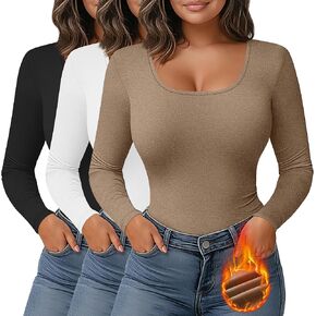Ficerd 3 Pack Women's Plus Size Thermal Shirts Fleece Lined Scoop Neck Long Sleeve Tops Fitted Winter Base Layer Underwear