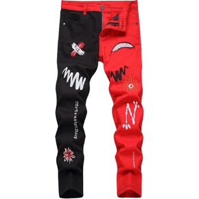 GORGLITTER Boy's Colorblock Embroidered Stacked Jeans Y2K Straight Slim Fit Denim Pants