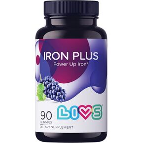 LIVS Iron Plus Gummy Vitamin | Iron with Vitamin C | Made in USA | Iron Gummies for Adults & Kids | All-Natural, Gluten-Free, Non-GMO & Vegan Iron Supplement Gummies | Grape Flavored, 90 Count
